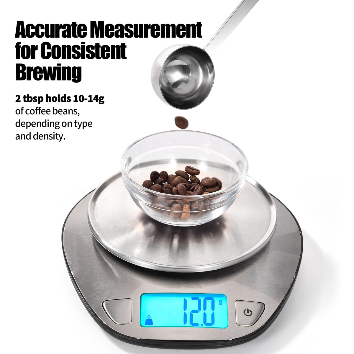 18/8 Stainless Steel Coffee Scoop, Doosu Food-Grade Metal Measuring Spoon with 6.9in Long Handle, Tablespoon Scooper for Coffee Beans, Ground Coffee, Espresso, Protein Powders, Tea, Sugar (2 Tbsp)