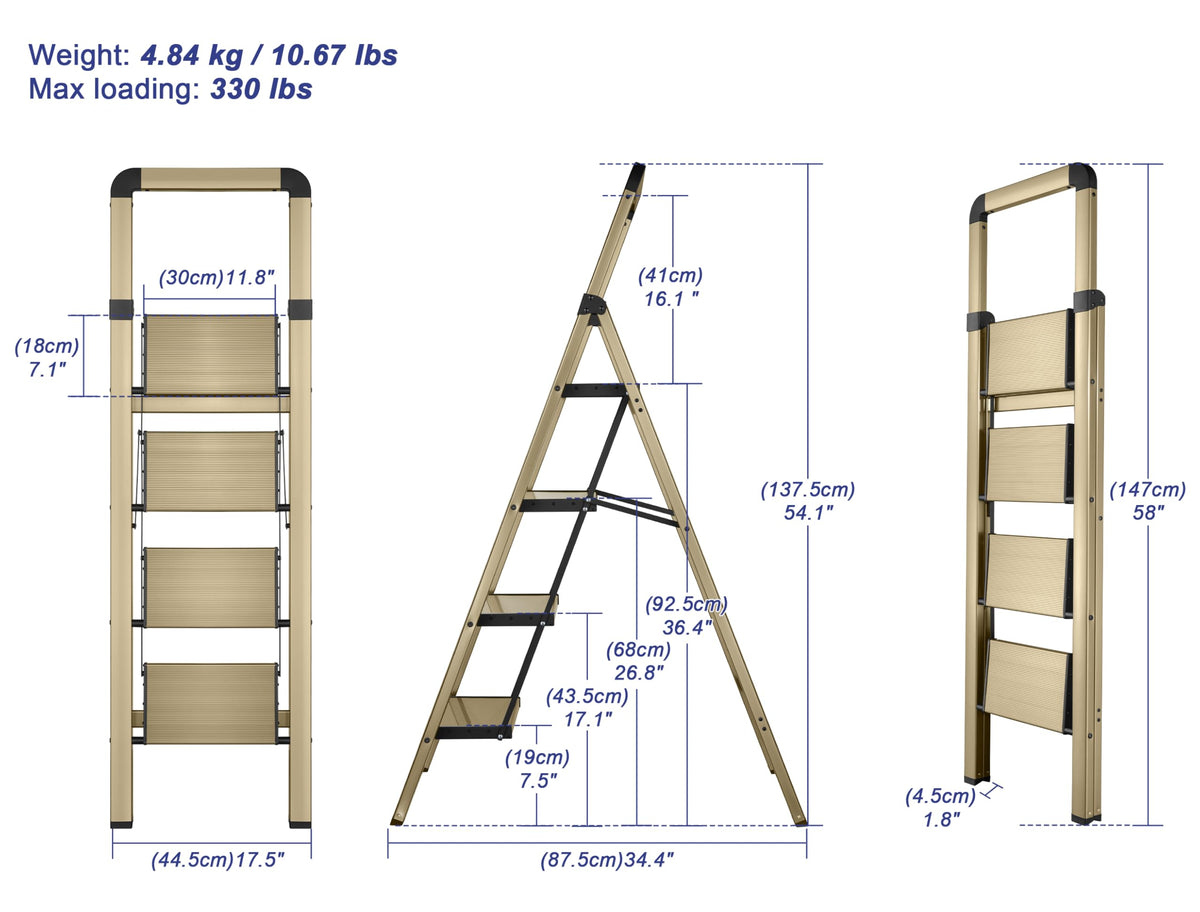 BIBKOKE Step Ladder 4-Step Champagne Gold Finish Aluminum Folding Step Ladders,Anti-Slip Max 330 lbs