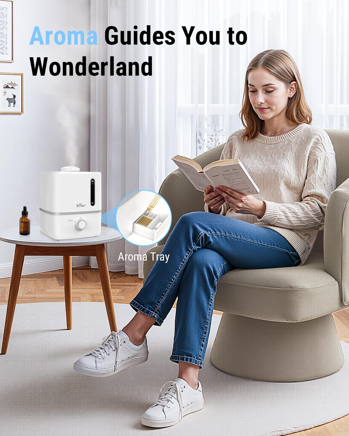 Bear Humidifiers for Bedroom, 2.5L Cool Mist Humidifiers and Oil Diffuser, Quiet Rapid humidifiers for Home Whole House, with Adjustable Mist Output and Auto Shut-off, White