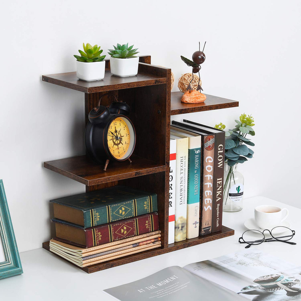 PAG Wood Desktop Shelf Small Bookshelf Desk Supplies Organizers and Accessories Storage Display Rack Office Decor for Women, Antique Brown