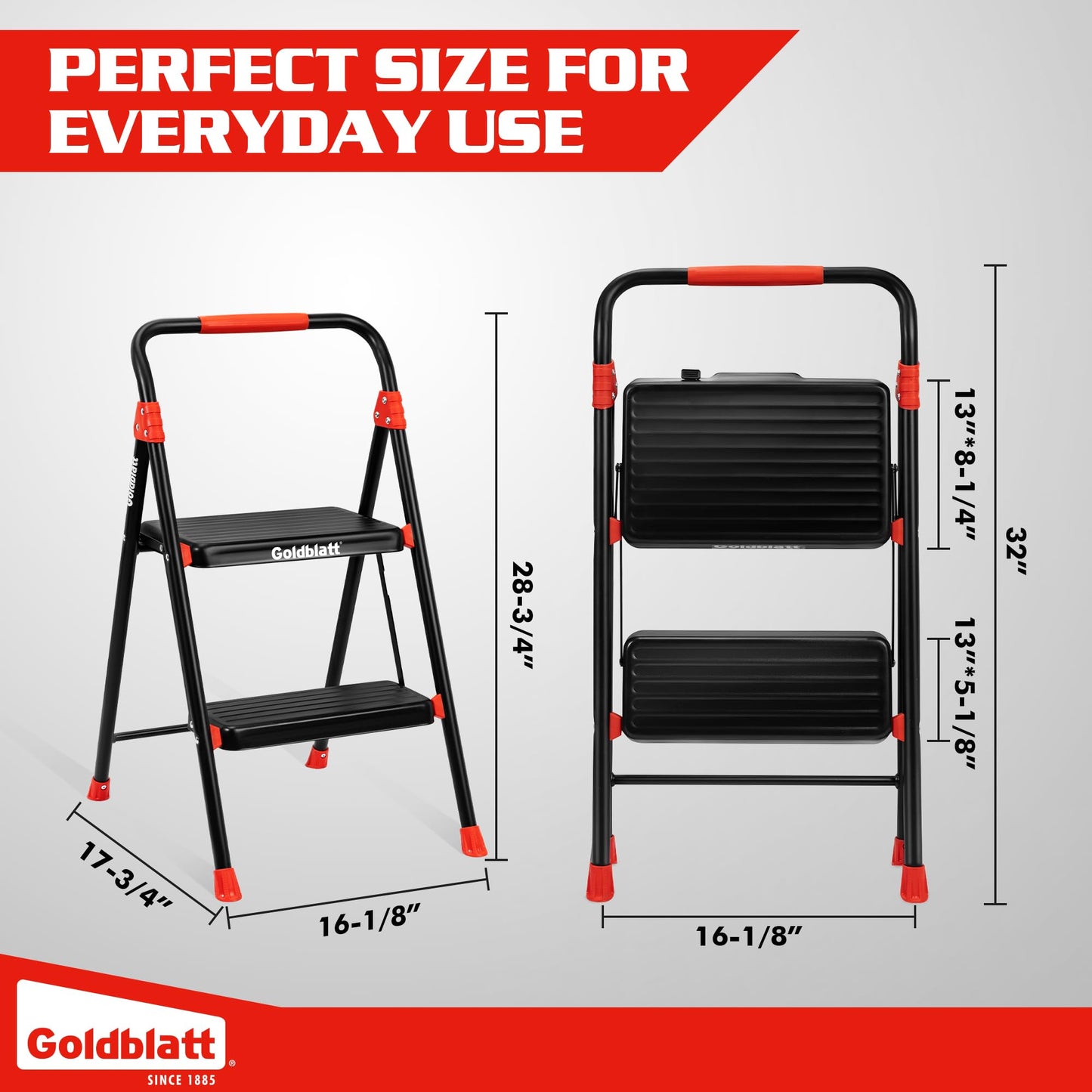 Goldblatt 2-Step Folding Step Stool Heavy Duty Steel Ladder, Auto-Lock Safety, Anti-Slip Wide Steps & Rubber Feet, Ergonomic Padded Handle, Portable for Home, Kitchen, Bedroom, Garage