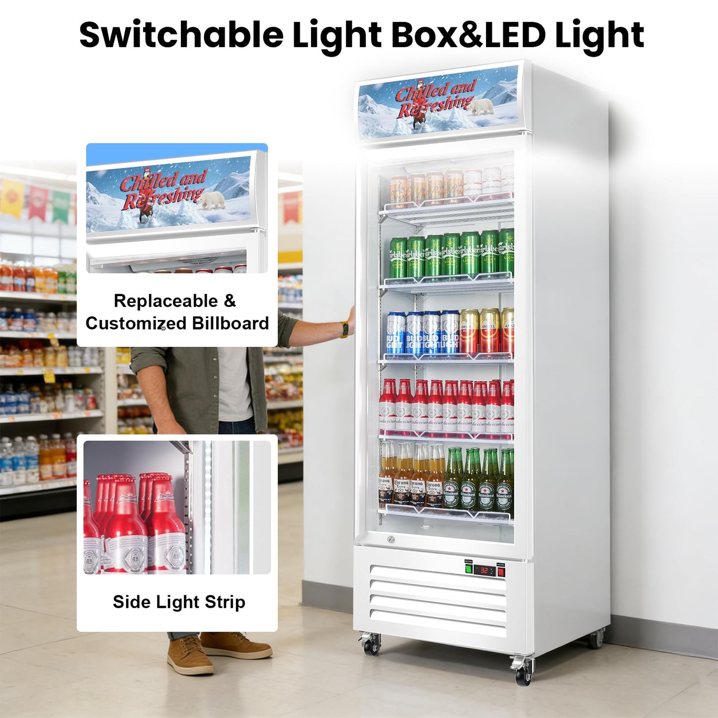 Velieta Commercial Beverage Refrigerator with Glass Door, 383L Display Fridge Beverage Cooler with Customizable Lightbox Adjustable Shelves, Drink Fridge Merchandiser for Restaurant Shop, White