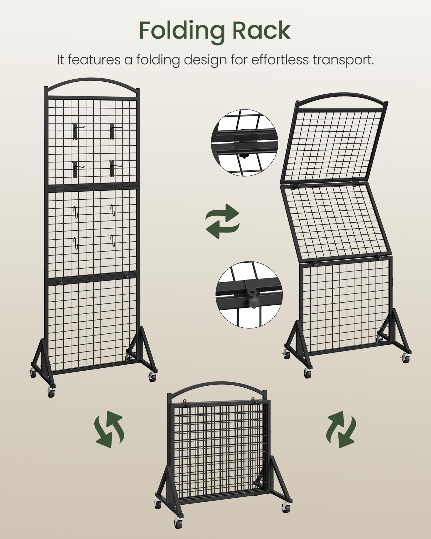CHOEZON Foldable Grid Wall Panel 1.9' x 5.6' FT, Movable Gridwall Display Rack, Wire Grid Rack on Wheels, Retail Display Stand, with 4 S-Shaped Hooks and 4 Garment Hooks, Black TCJ37BB