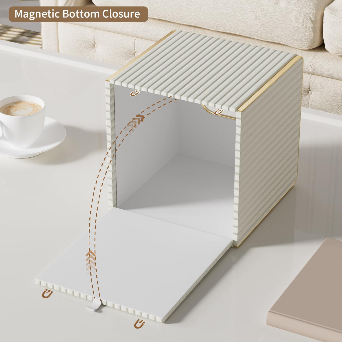 Tissue Box Cover,White Square Leather Tissue Box Holders with Gold-Tone Edging Decoration, Tissue Vessel for Bathroom Toilet Bedroom Living Room Table Desk Office,Modern Home Decor