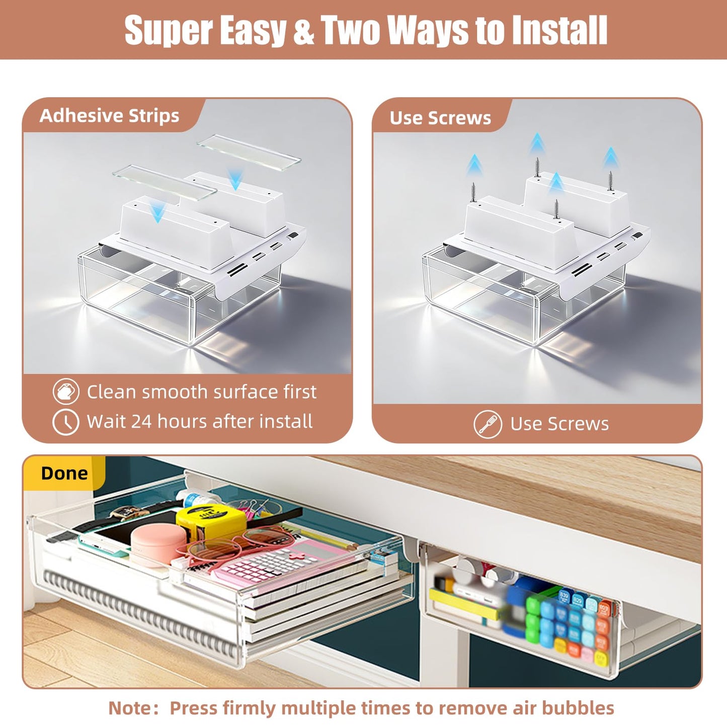 TooCust 3-Pack Under Desk Drawer for Desk with Frame & Beam, Fits Where Standard Drawers Can't, 52mm Heightened Slide Out Organizer, Dual Adhesive or Screw Mount, Clear PET Under Table Storage