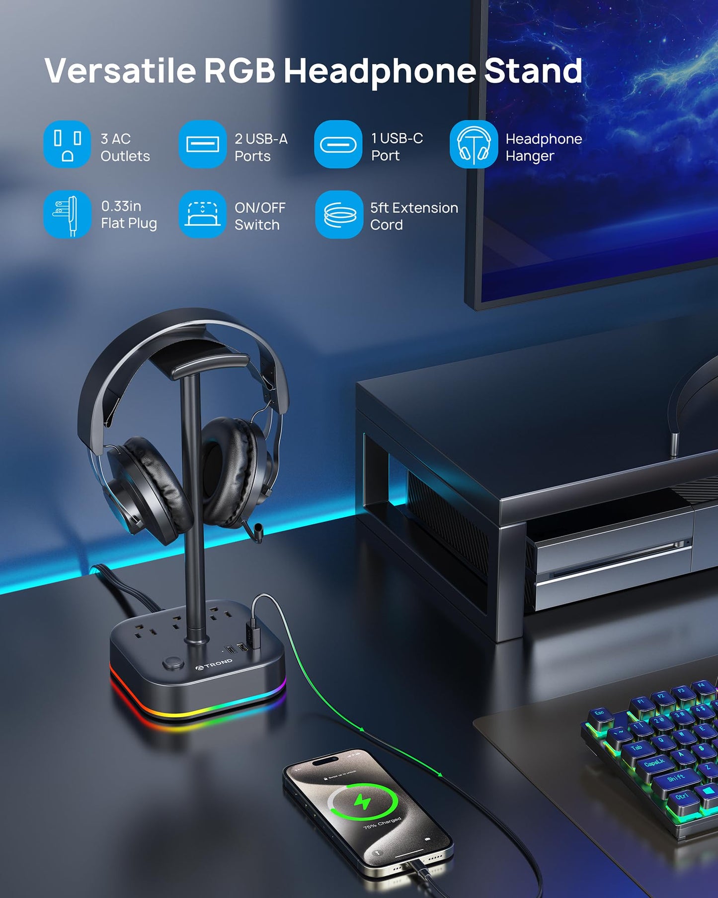 TROND Headphone Stand with USB C, Desk Gaming Headset Holder with 3 AC Outlets, 2 USB-A and 1 USB-C, Headset Stand with 5 RGB Light Modes, for Gaming Desk Accessories Gamer Boyfriend Gifts