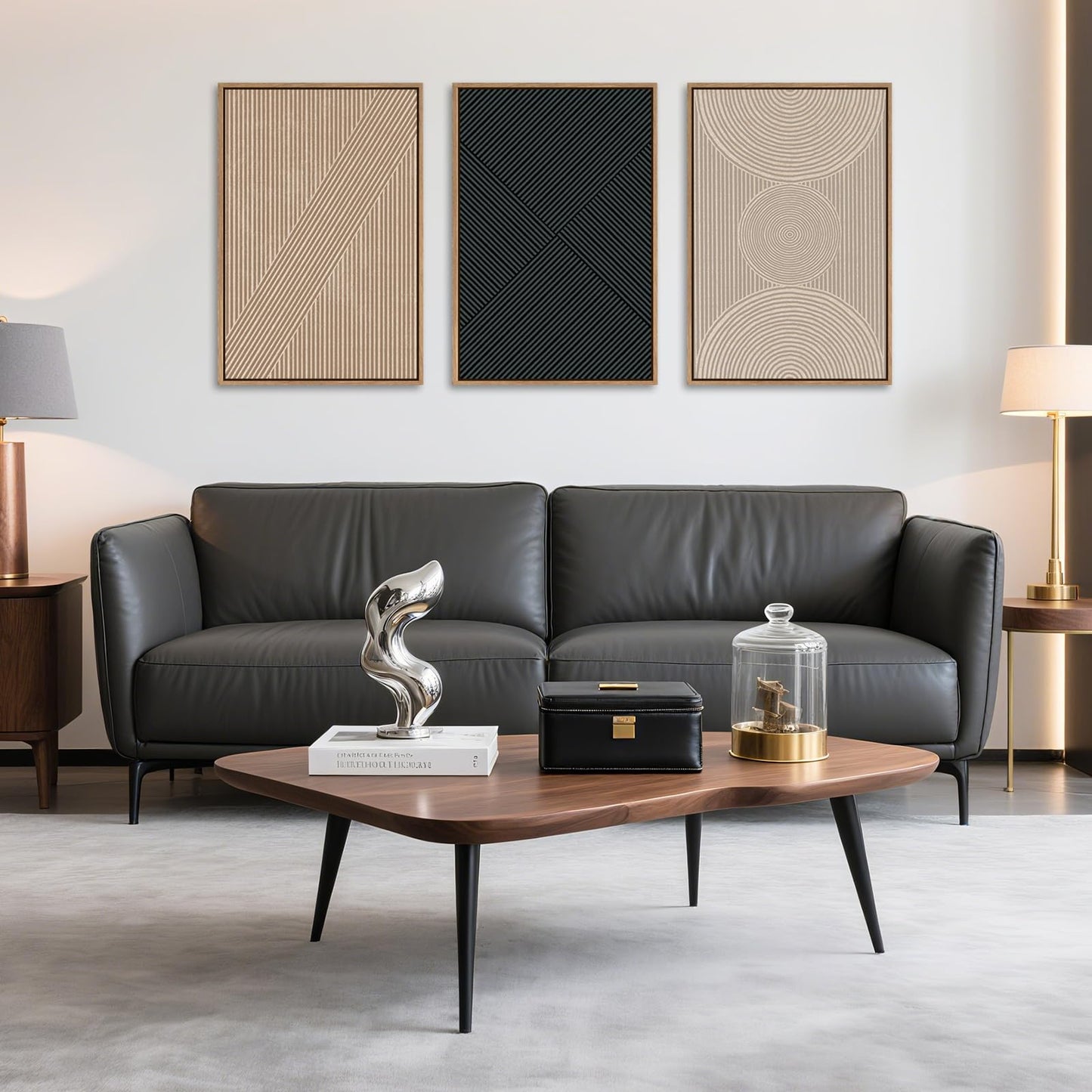 Ausril 3 Pcs Neutral Abstract Framed Wall Art, Mid Century Modern Canvas Wall Decor, Boho Geometric Line Wall Painting, Beige Minimalist Textured Art Print for Living Room Bedroom Office - 16x24inch