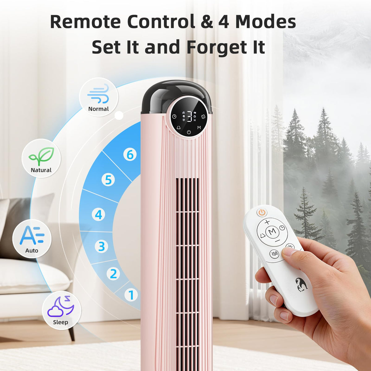 Antarctic Star T42 Tower Fan-42 Inch, Bladeless Oscillating Fan with Remote, 6 Speeds & 4 Modes, LED Display, 9H Timer, Quiet Floor Standing Fan for Bedroom Living Room Office, Pink