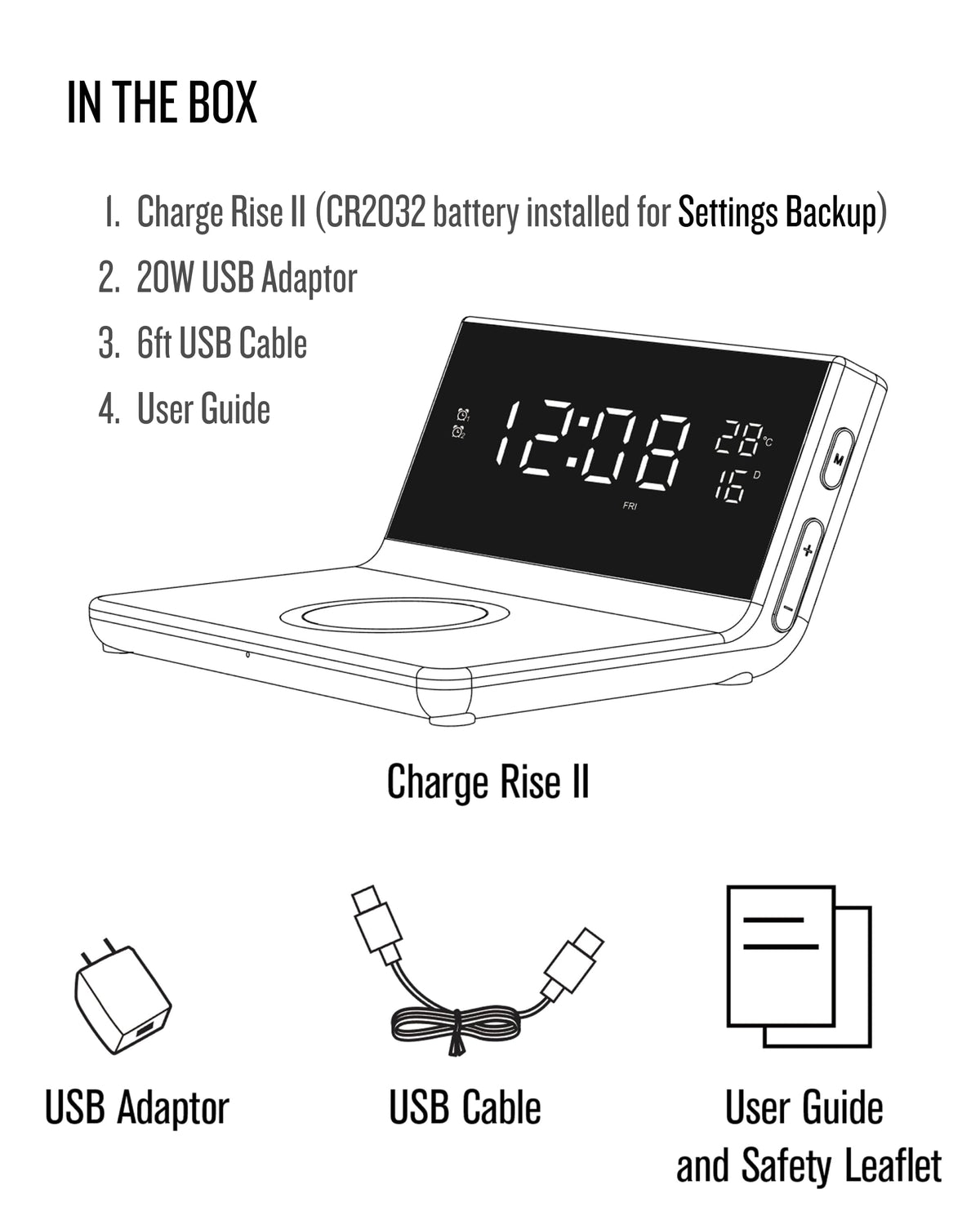 Soundfreaq Charge Rise II, SFQ-20: Digital Alarm Clock, with Dual Alarms, Fast USB Charger and Wireless Charger (Black)