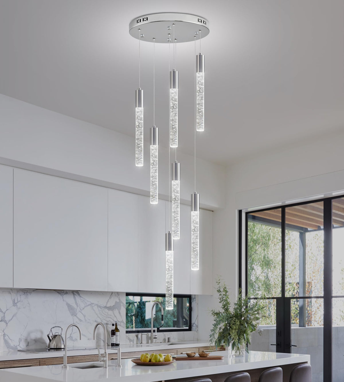Upfelw Modern High Ceiling Crystal Chandelier 7-Lights, Spiral LED Raindrop Foyer Pendant Lighting, Bubble Staircase Living Room Hanging Light Fixture Flush Mount Chrome