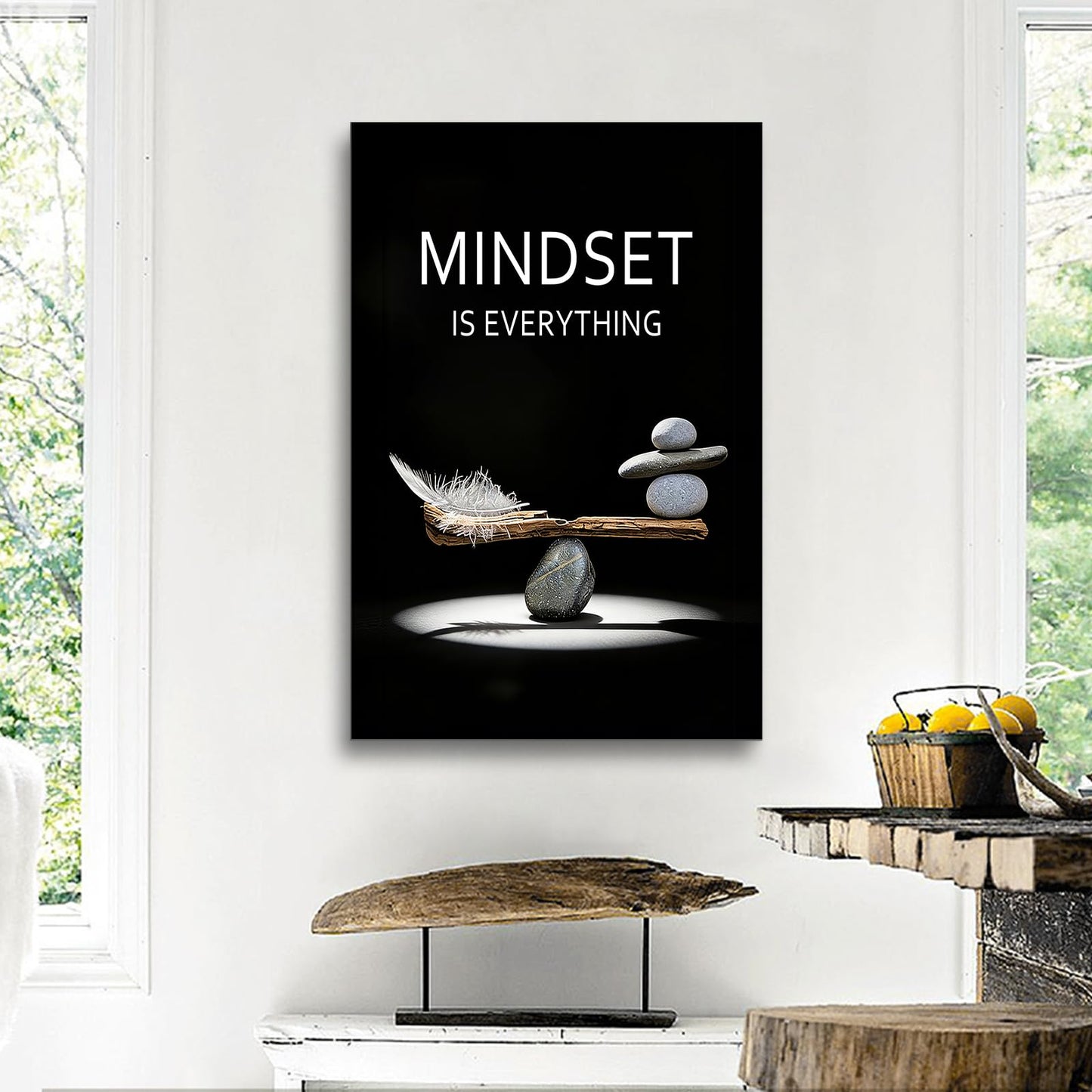 YSPCSUN Mindset Is Everything Wall Art Motivational Quotes Canvas Pictures Large Inspirational Posters For Living Room Framed Zen Balance Stones And Feather Office Decor Artwork 36x24 Inch