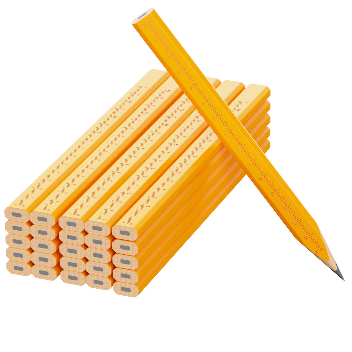25 Pack Carpenter Pencils with Ruler - Flat Yellow Octagonal Woodworking Pencils for Construction, Marking, Framing - Hard HB Graphite