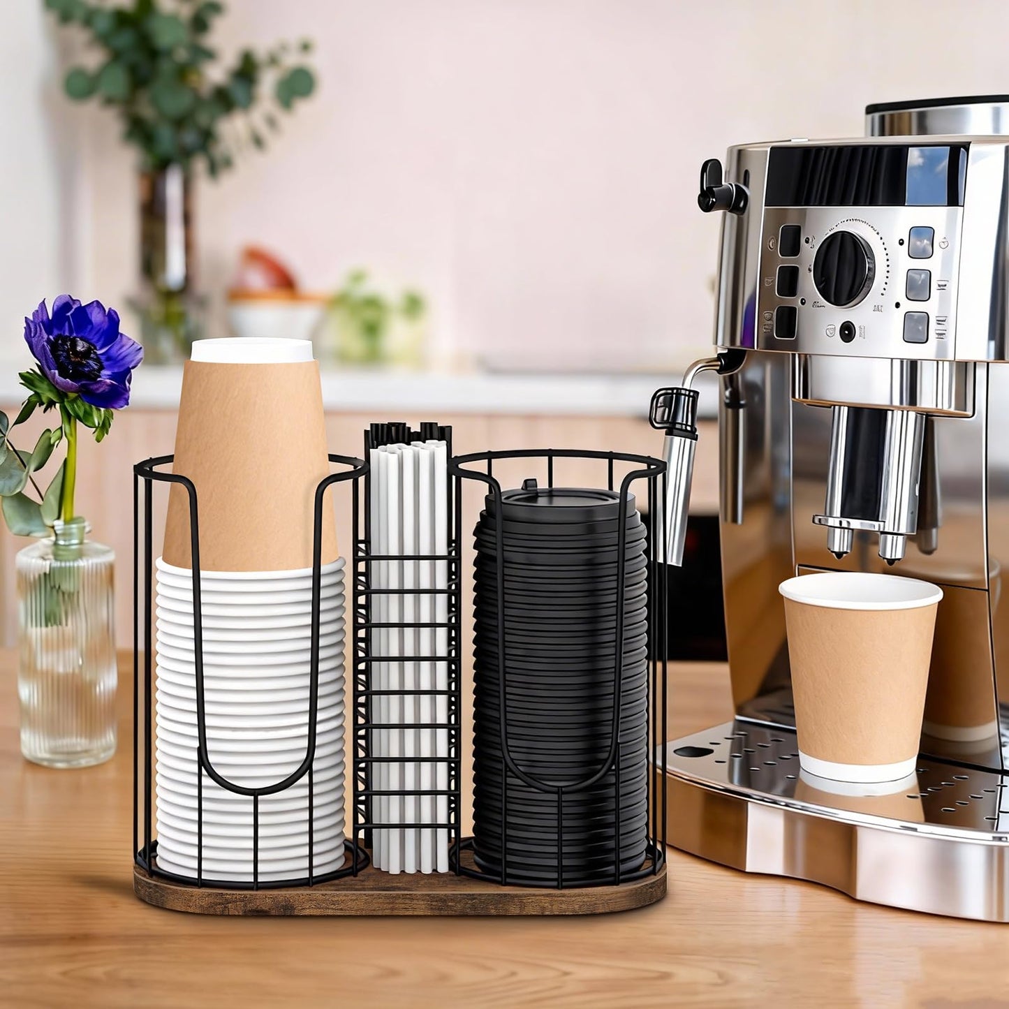 BCOZLUX Coffee Cup Holder 18oz 3-Compartment Paper Cup Dispenser Rack with Wood Base - Disposable Cup, Straw & Lid Organizer 3-in-1 Storage for Countertop, Coffee Bar, Kitchen, Office