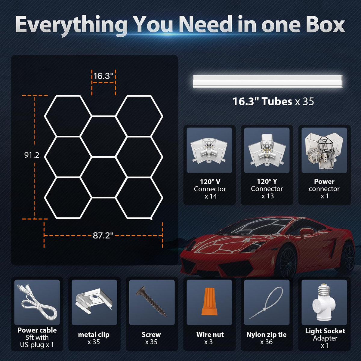 Litezone Hexagon Garage Lights: 245W 35 Pack 8 Grids LED Garage Lights - Easy Install 6500K Super Bright Honeycomb Light for Warehouse, Car Detailing Shop, Exhibition Hall, Gym