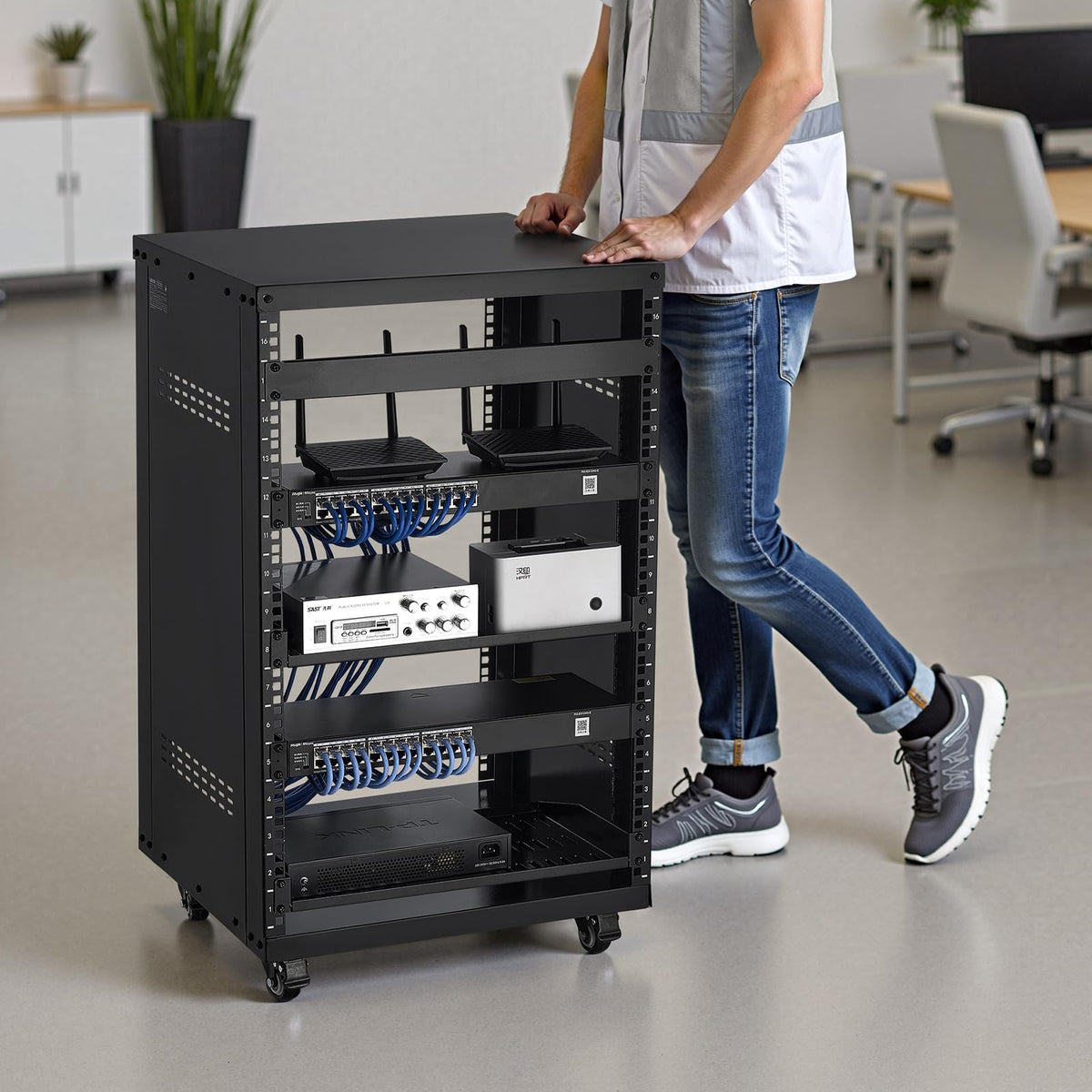 VEVOR 16U AV Rack, Recording Studio Rack Cabinet, Open Frame Server Rack with Locking Caster Wheels, Removable Side Panels & Vent Design for 19" Network, Audio, Video, IT & Network Equipment Mounting