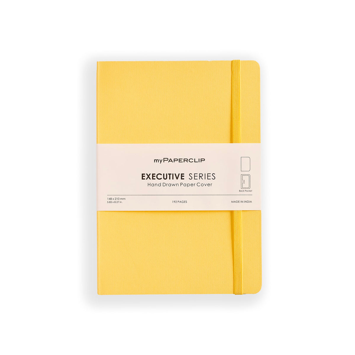 myPAPERCLIP Executive Series A5 Plain Notebook | 192 Pages, 80 GSM, Soft Cover, A5 (5.83 x 8.27 in) | Flat Lay | Bookmark, Elastic Closure & Back Pocket | Yellow