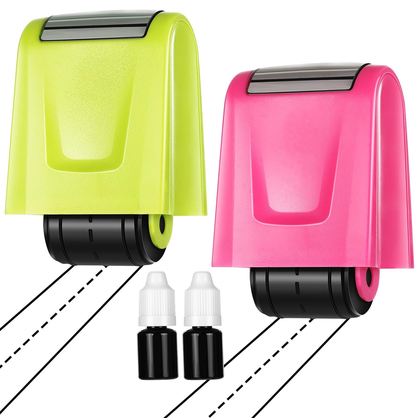 Affrolling 2 Pcs Roller Stamps for Teachers Dashed Handwriting Lines Practice with 2 Black Ink Self Inking Line Rolling Stamps Supplies for Sentence Handwriting Practice, Green and Pink