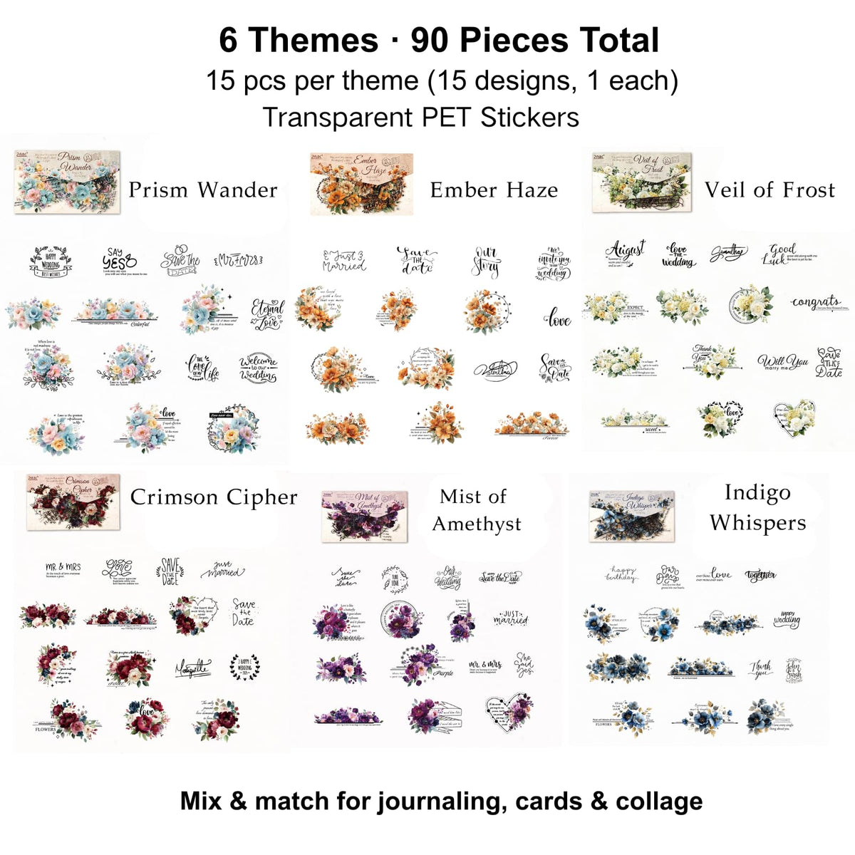 Kigofora 90-Piece Floral Quote PET Stickers for Journaling & Scrapbooking,Transparent Flower Stickers with Words, Aesthetic Collage Supplies for Planner, Cards & Paper Crafts