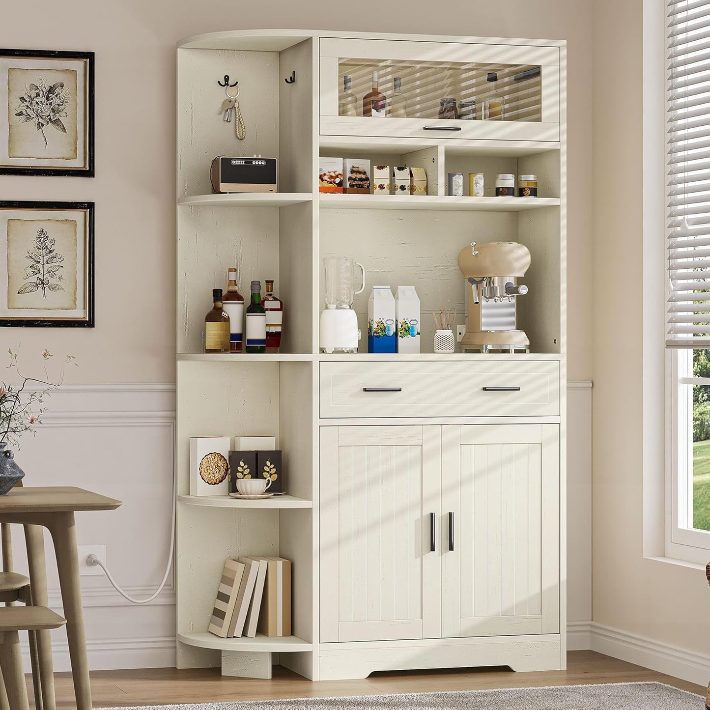 YITAHOME Kitchen Pantry Storage Cabinet, 67" Tall Kitchen Hutch with Outlet & Door & Shelves & Drawer, Farmhouse Wooden Microwave Stand Buffet Coffee Bar for Home Living Dining Room, Off-White