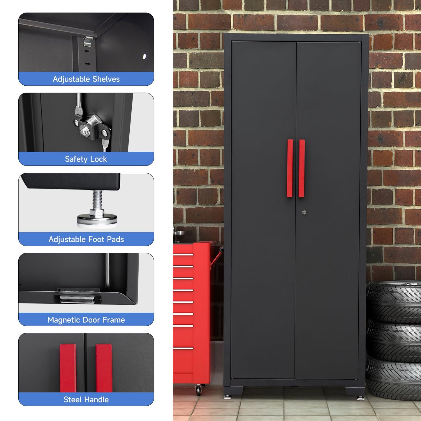HPDMC Metal Garage Storage Cabinet with 4 Adjustable Shelves and Locking Doors 75-inch Tall Tool Organizer Steel Lockers for Home, Office, Warehouse, Garage, Red (Assembly Required)