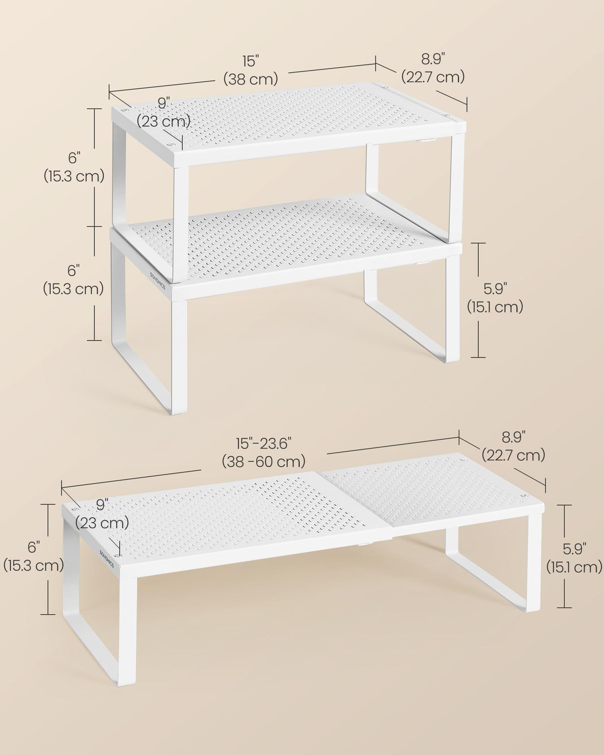SONGMICS Spice Racks, Set of 2 Expandable Kitchen Countertop Shelves, Small Cupboard Organizers, Metal, Space-Saving Tabletop Shelves, Matte White UKCS402W01
