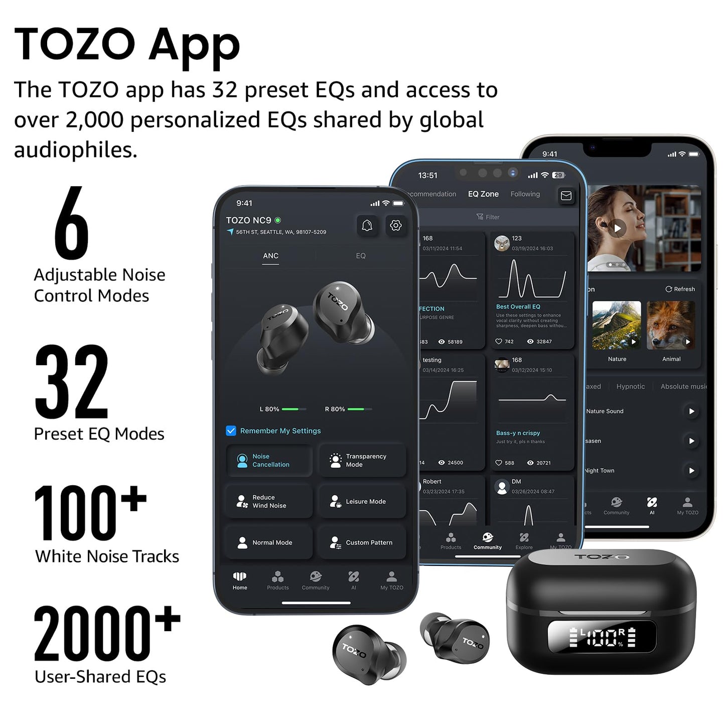 TOZO NC9 Hybrid Active Noise Cancelling Wireless Earbuds, 6 Mics ENC Clear Call, IPX8 Waterproof, in Ear Bluetooth 5.3 Headphones Stereo Bass Ear Buds 60H Playtime with LED Display 32 EQs via APP