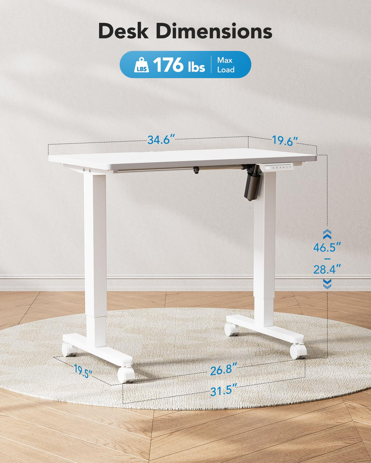 HUANUO Electric Small Standing Desk, 35" x 20" Whole Piece Desktop, Adjustable Height Computer Desk, 4 Height Memory Settings, Sit Stand Up Desk for Home Office, White