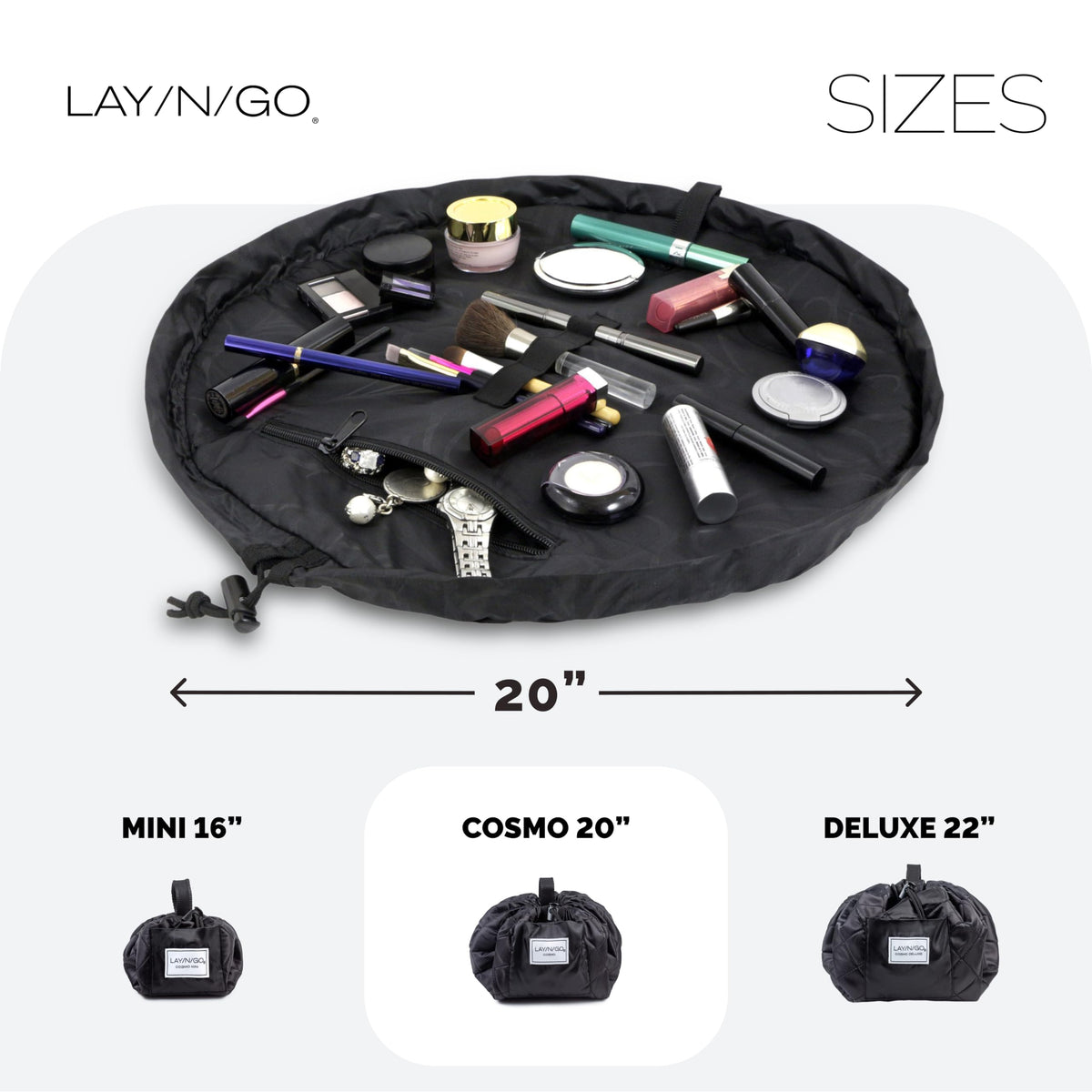 Lay-n-Go Cosmo Layflat Drawstring Cosmetic & Makeup Bag Organizer - Portable Drawstring Bag w/Zipper Pocket, Makeup Loops & More - Durable, Machine Washable Toiletry Bag for Travel (20", Black)