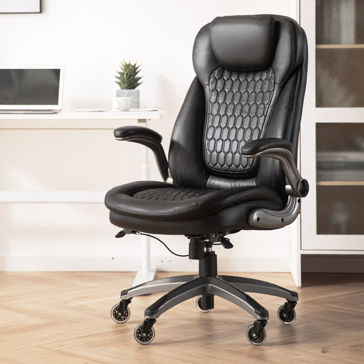 Executive Office Chair-Ergonomic Computer Desk Chair, High Back Leather Chair with Padded Flip-up Arms, Swivel Home Office Chair Upgraded Caster-Black