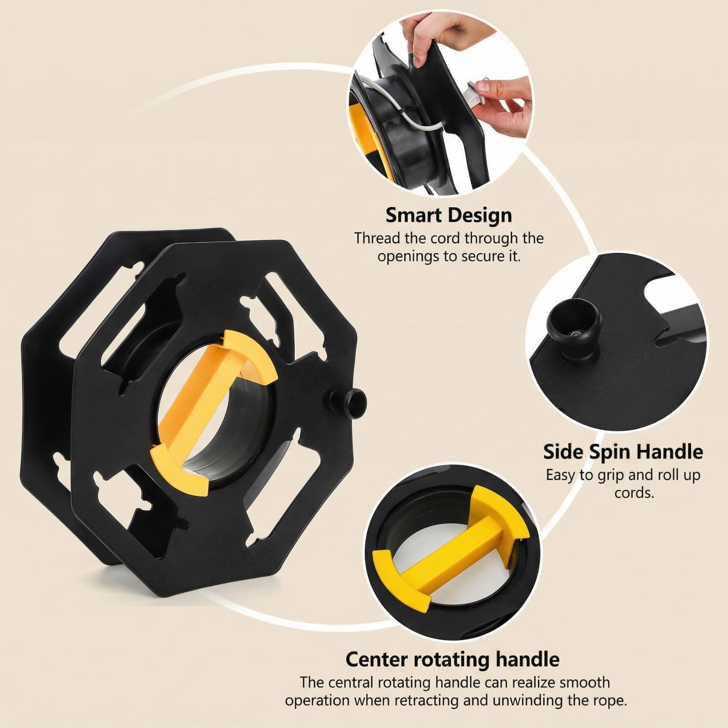 Hacaroa Cord Storage Reel with Center Spin Handle, Plastic Extension Cord Winder Manual Cable Holder Organizer Tangle-free for RVs, Network Cables, Pet Leashes, Black