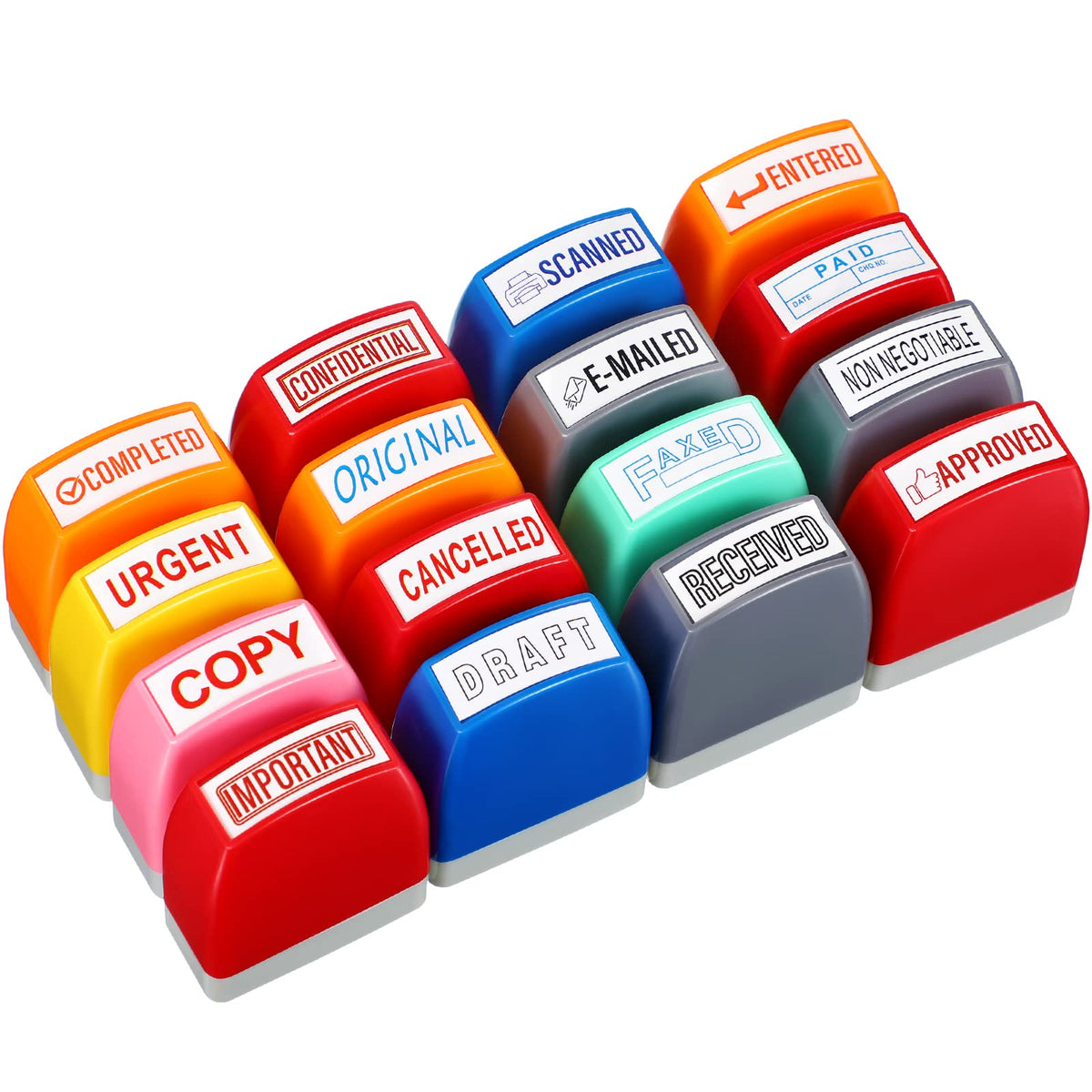 Crtiin 16 Pcs Office Stamp Set Message Self Inking Rubber Stamp Set for Office Stamps Completed Faxed Scanned Stamps for Message Supplies(Mixed Colors)
