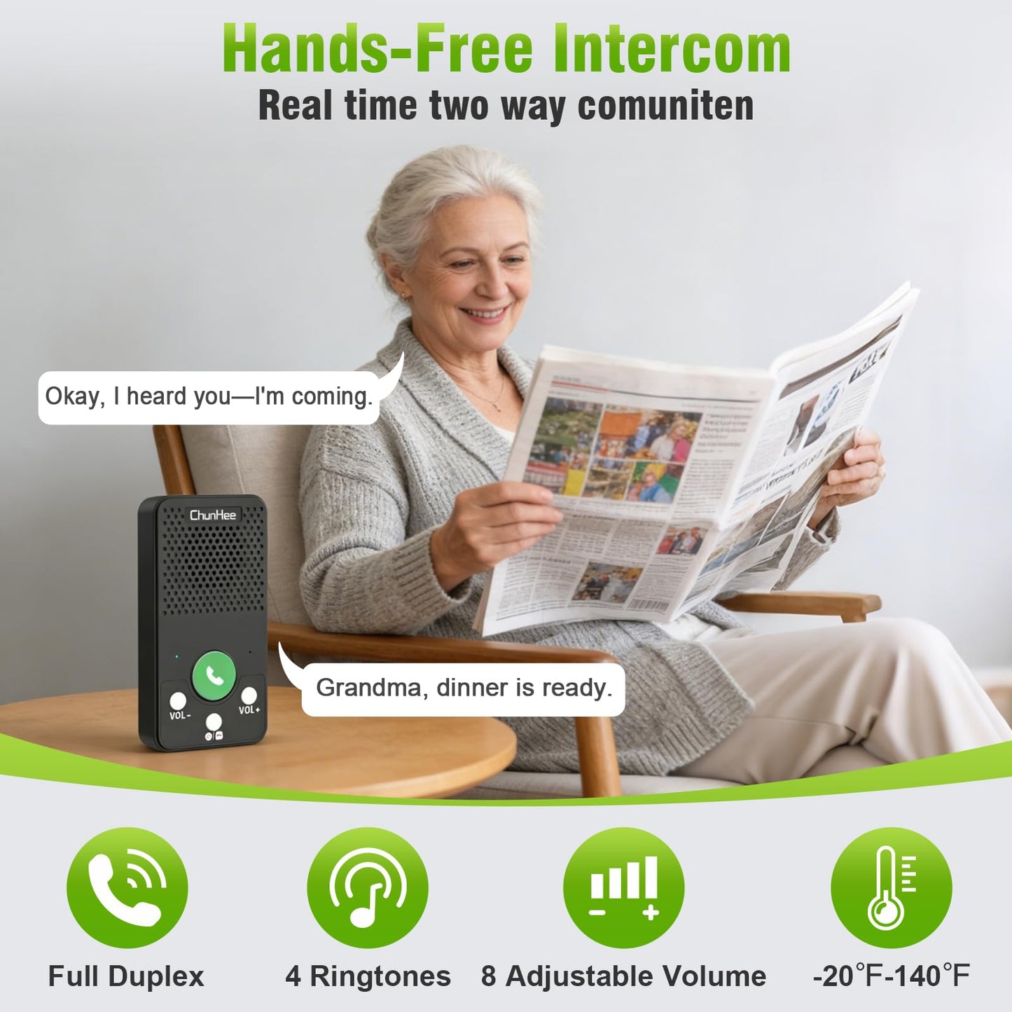 Wireless Intercom System for Home, Full Duplex Call & Answer Intercoms, No WiFi Needed, 500 ft Range, One-Touch Calling for Seniors & Family, Rechargeable 1000mAh Battery (3 Pack)