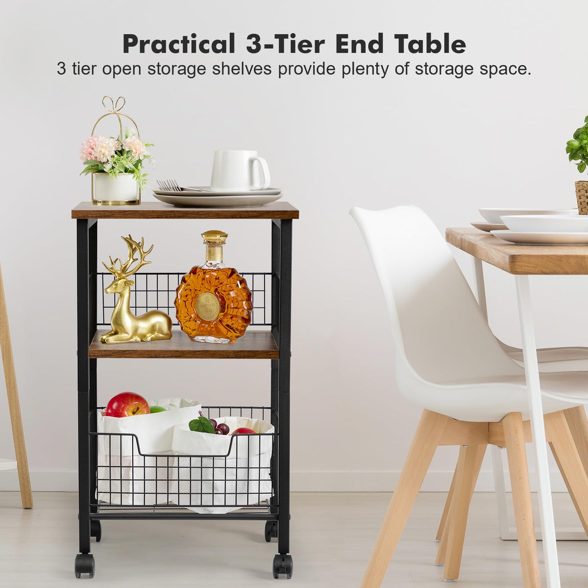 Hadulcet Small End Table, 3-Tier Side Table with Storage Basket, Industrial Style Side End Table for Living Room Bedroom Kitchen Bathroom, Rustic Brown