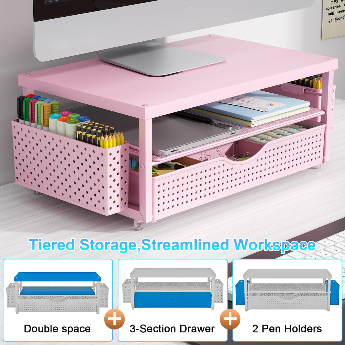 gianotter Wood Monitor Stand Riser, Desk Organizer with Drawer and 2 Pen Holders, 2-Tier Workspace Organizer for Office Supplies(Pink Wood)