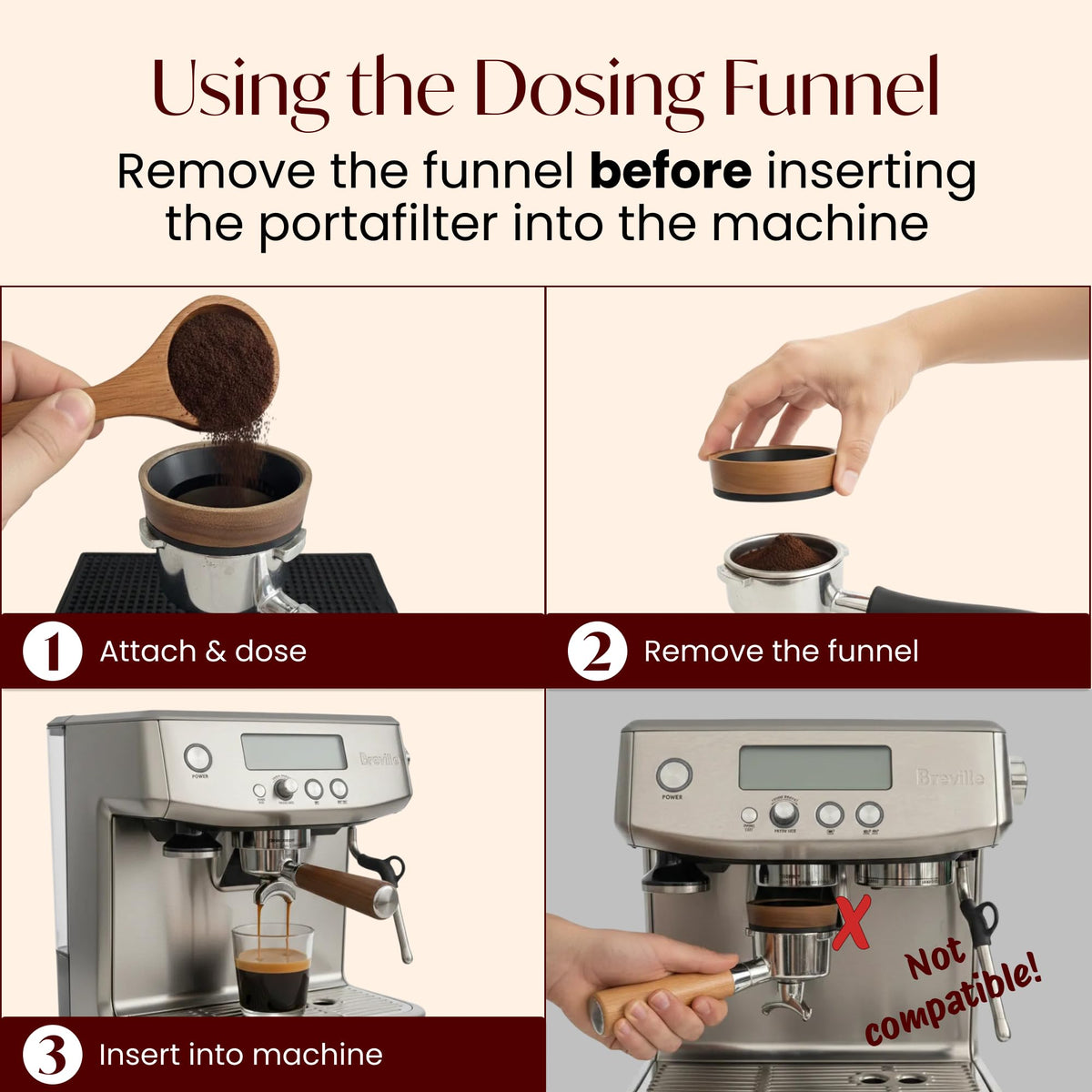 54mm Espresso Dosing Funnel – Magnetic Coffee Dosing Ring Compatible with 54mm Portafilter – Compatible with Breville and DeLonghi Portafilters – Aluminum Alloy & Real Walnut Design – Black & Walnut