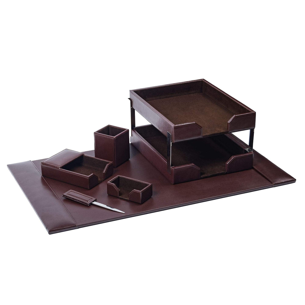 DACASSO Bonded Leather Desk Set - Luxury Leather Desk Pad & Desk Organization Essentials - Office Organization & Executive Desk Decor - (Dark Brown, 8 Piece)