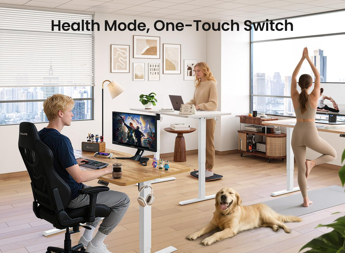 BANTI 48 × 24 Inches Standing Desk, Ergonomic, Electric Height Adjustable, Sit and Stand Up, Computer Office Desk with Splice Board, White Frame/Maple Top