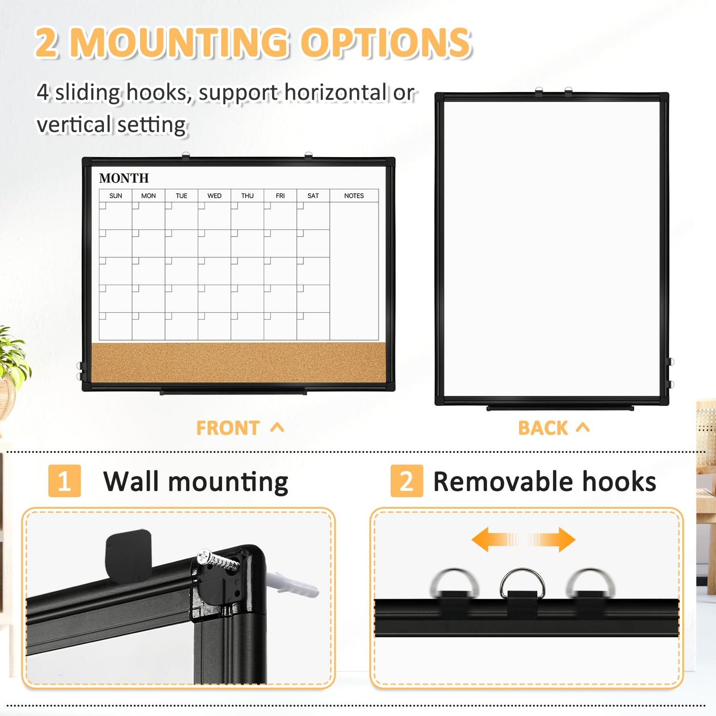 QUEENLINK Dry Erase Calendar Board for Wall, 24"x18" Magnetic Whiteboard Calendar Double-Sided Monthly White Board with Cork Board, Black Aluminum Frame Memo Message Board for Office, Home, School