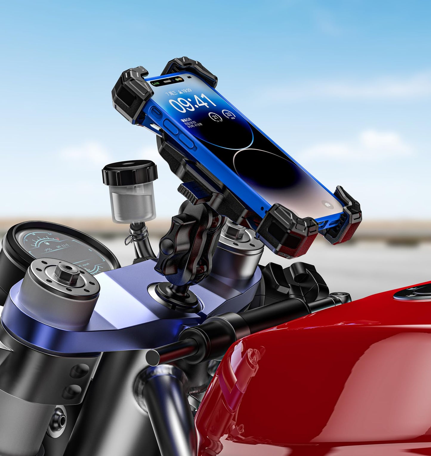 VAZESWIN Motorcycle Fork Stem Phone Mount, 1s Auto Lock & Release, Anti-Theft Motorcycle Phone Holder with Aluminum Alloy 1" Ball Short Arm, for 12-25.4mm Diameter Fork Stems, for 5.4"-7" Cellphones