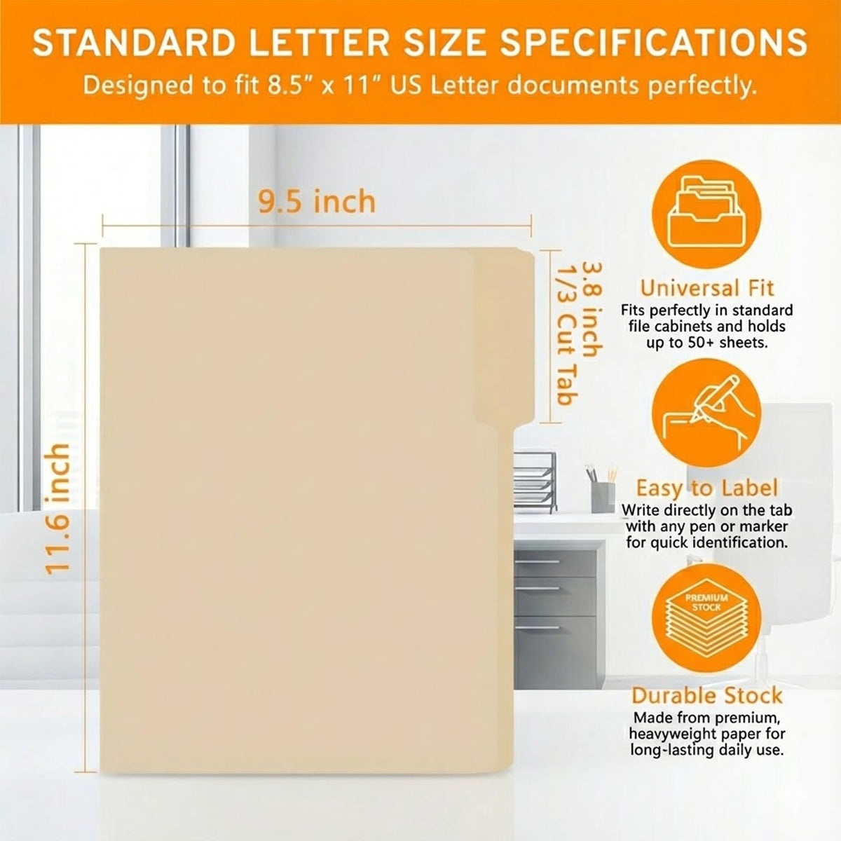 100 Packs Manila File Folder,Manilla Folder 8.5x11,1/3 Cut Tabs Folder for Office,School and Home,Organizer File Folder Letter Size