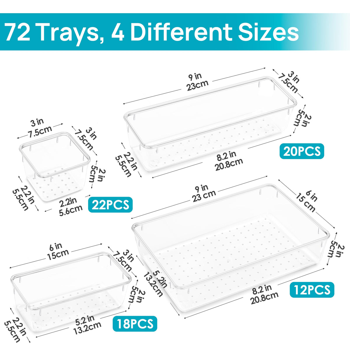 Vtopmart 72 PCS Clear Plastic Drawer Organizers Set, 4-Size Versatile Bathroom and Vanity Organizer Trays, Non-Slip Storage Containers for Makeup, Jewelries, Bedroom，Kitchen Utensils and Office