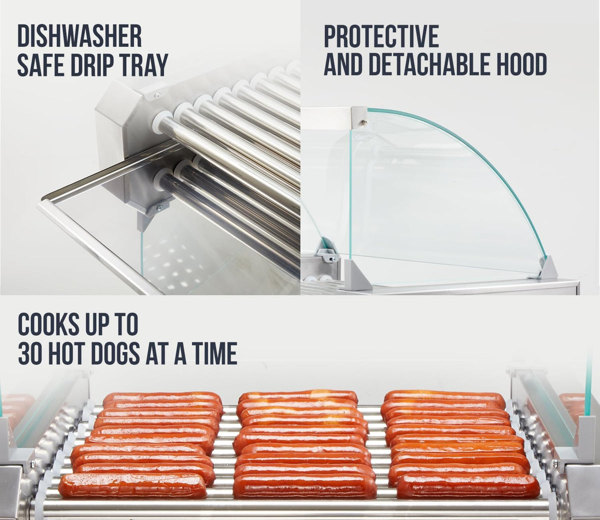 SYBO Commercial Hot Dog Roller – 30 Hot Dogs, 11 Non-Stick Rollers, 1430W, Stainless Steel, Removable Drip Tray & Glass Cover – Dual Temp Control, 360° Rotation for Party & Snack Bar, ETL Certified