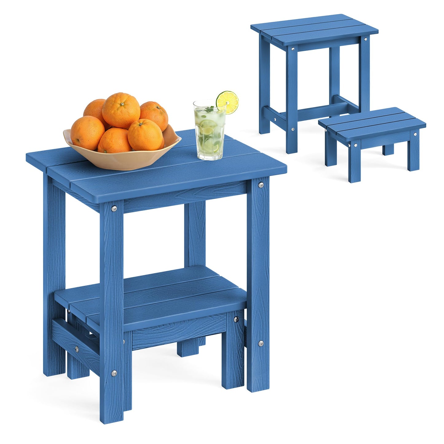 LUE BONA Outdoor Side Table, 2-Tier HDPS Outdoor Nesting End Table with Removable Small Foot Stool for Patio, Deck, Poolside, Low Maintenance & Weather Resistant, Navy