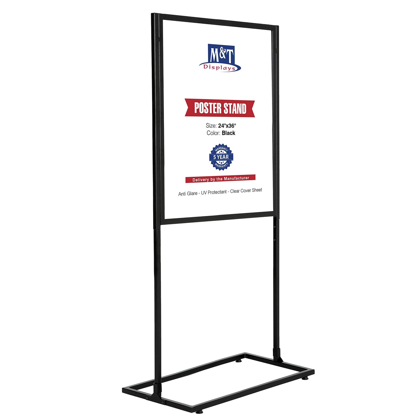 M&T Displays Metal Eco Info Board, Black 24x36 Inches Slide-In Poster Sign Holder 1 Tier Double Sided Floor Standing Pedestal Advertising Display with Backing and Anti-Glare PET Cover