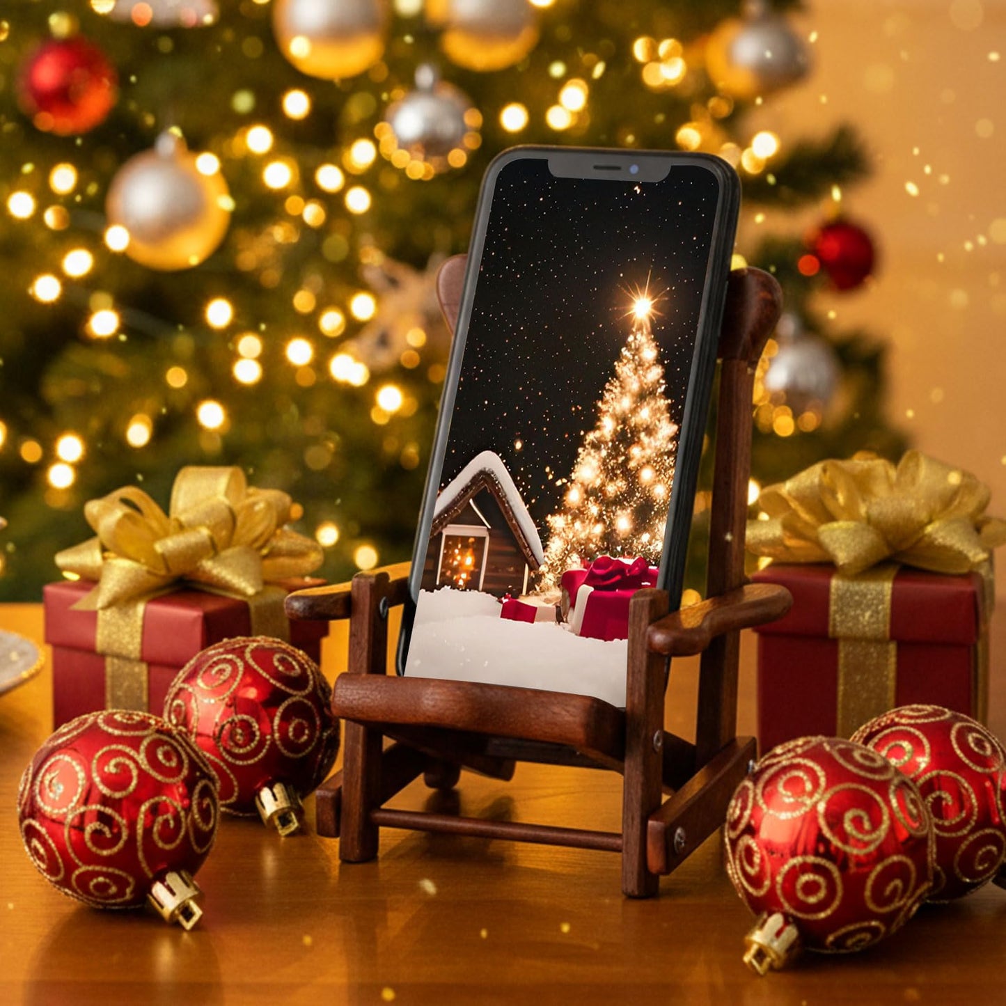Kingdder 2 Pcs Christmas Wood Cell Phone Stand Gifts Folding Chair Wooden Phone Holder Adjustable Office Cellphone Stand Portable Cute Desktop Chair Shape Mobile Smartphone Holder for Desk Home Travel