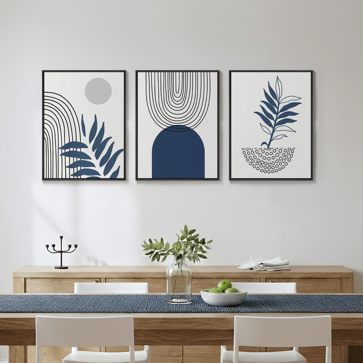 Framed Blue Boho Wall Art for Room Decor, 3 Piece Botanical Line Artwork for Walls, Mid Century Modern Blue Canvas Pictures Prints for Living Room Bedroom Hallway Office Apartment Wall Decor, 12x16 In