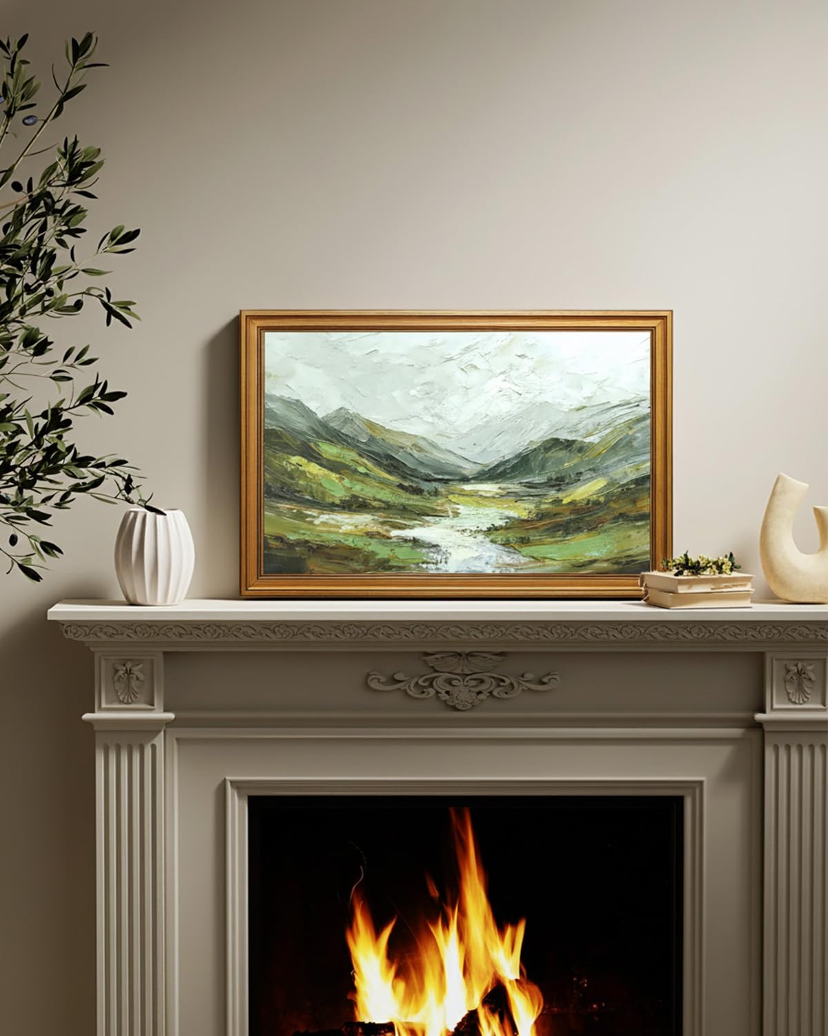ARPEOTCY Gold Framed Large Canvas Prints Wall Art,3D Textured Landscape,16x24 Inch Green Mountain Artwork for Living Room,Classic Nature Oil Painting Print,Rustic Country Style Home Decor