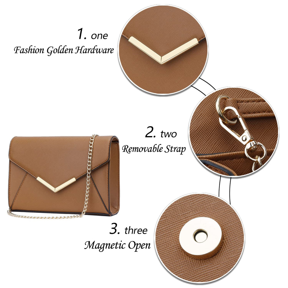 KKXIU Women Elegant Faux Leather Evening Envelope Clutch Purse Foldover Bags for Party Wedding Prom (A-Brown)