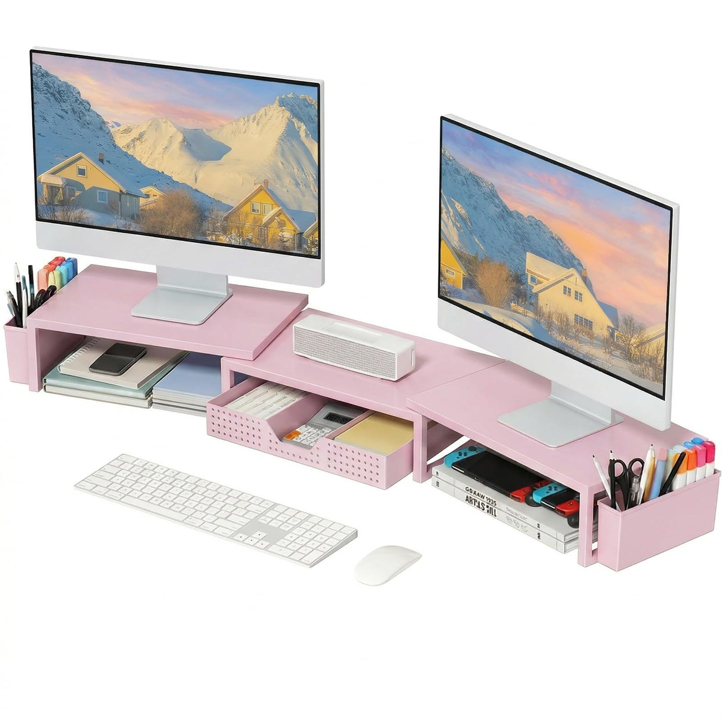 OPNICE Desk Organizers and Accessories, Dual Monitor Stand Riser with Drawer and 2 Pen Holders, Desk Shelf Metal Computer Racks for Office Workspace Organizers, Desktop Organization (Pink Metal)