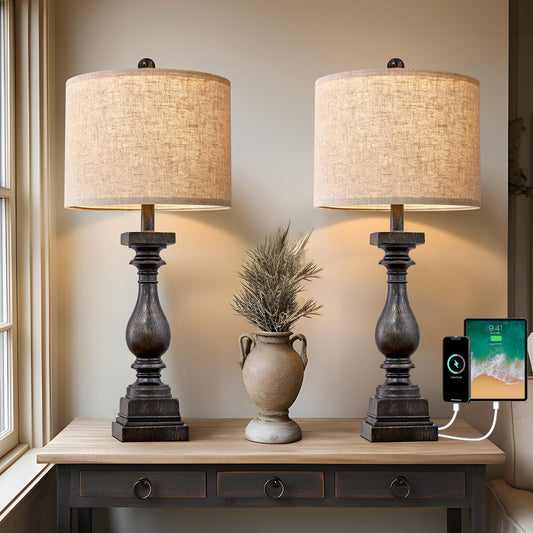 BOBOMOMO 27" Farmhouse Black Table Lamp Set of 2 with USB A+C for Bedroom Living Room Vintage Rustic Traditional Nightstand Bedside Lamps Retro Side Table Lamps (Blubs not Included)